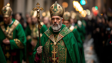 A solemn procession honoring Saint Patrick with a bishop leading the way in traditional robes 
