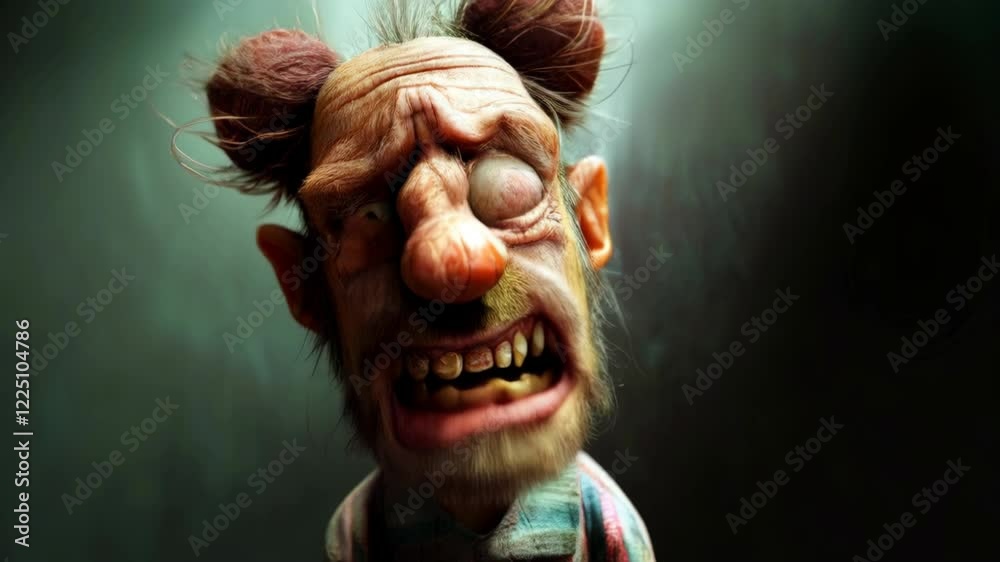 Wall mural a surreal, expressive clown character with exaggerated features and a distressed expression in a moo