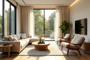Naklejka premium Modern minimalist living room design featuring a sectional sofa, wooden coffee table, and armchairs, bathed in natural sunlight streaming through floor-to-ceiling windows and sheer curtains