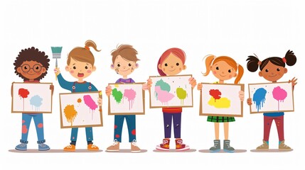 Children Displaying Artwork: Kids Artists Holding Paper