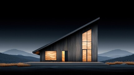 Fototapeta premium Modern Minimalist House with Unique Design Set Against Dark Mountain Landscape at Dusk