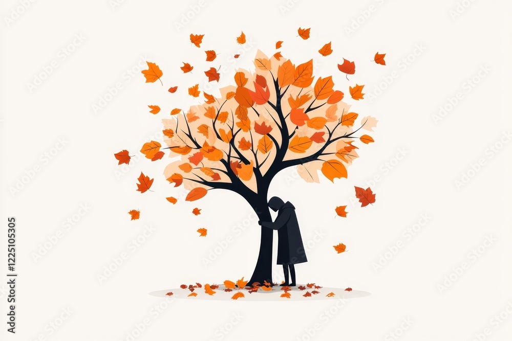 Poster a flat 2d design of a tree with fallen leaves scattered below, with a single figure leaning against 