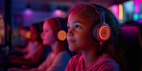 A diverse group of kids sits in a line at a lively gaming center, intently playing video games with headphones, creating a vibrant atmosphere of excitement and engagement