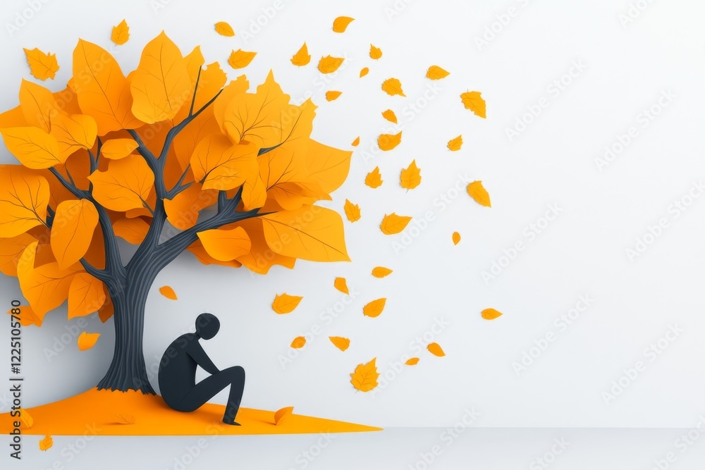 Poster a flat 2d design of a tree with fallen leaves scattered below, with a single figure leaning against 