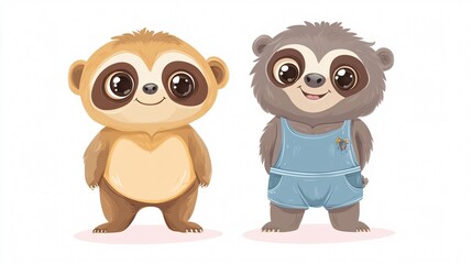 Fototapeta premium Adorable Baby Shower Sloth and Bear in Cute Short Pants Cart for Nursery Decoration