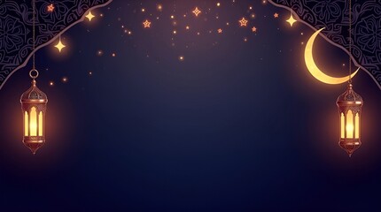 Ramadan Kareem background with Islamic patterns, crescent moon, and lanterns, elegant design,Spiritual Ramadan-themed backdrop with blank text space, intricate lanterns, and golden glow,Ramadan Mubara