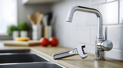 A clean pipe wrench placed beside a leaking faucet in a modern kitchen. digital