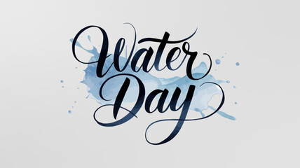 Water Day calligraphy design on a white background with soft blue watercolor splashes and flowing curves.