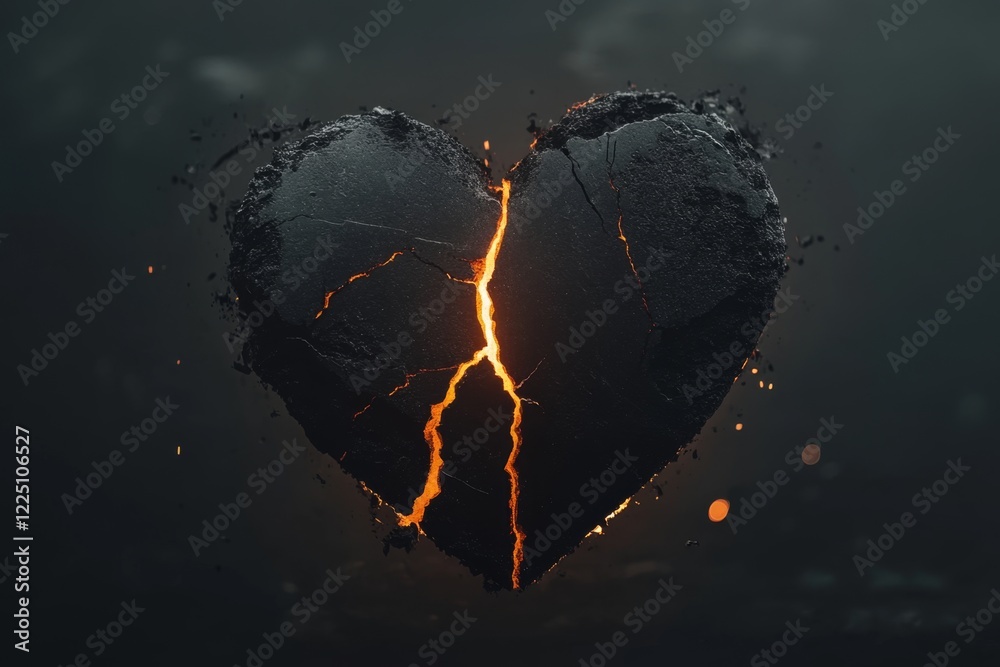 Poster A flat design of a broken heart with one half glowing faintly and the other fading into dark, jagged lines to symbolize resentment and unresolved emotions
