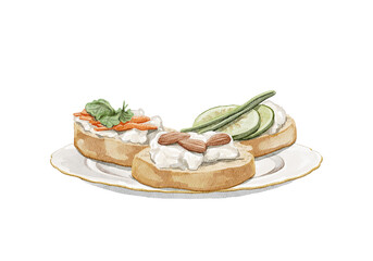 Watercolor set of three snack sandwiches dietary canapes with various ingredients on plate isolated on white background. Hand drawn illustration sketch