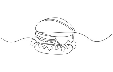 Continuous single line drawing of fresh delicious American burger restaurant logo emblem, Single line drawing of hamburger, Silhouette of fast food restaurant burger with cheese, cutlet and salad.