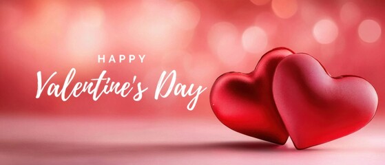 Two red heart shaped objects on a pink background with Happy Valentines Day text, romantic love concept for holiday celebration