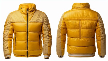 Blank template yellow down jacket with zipped, front and back view isolated on white background. Generated image