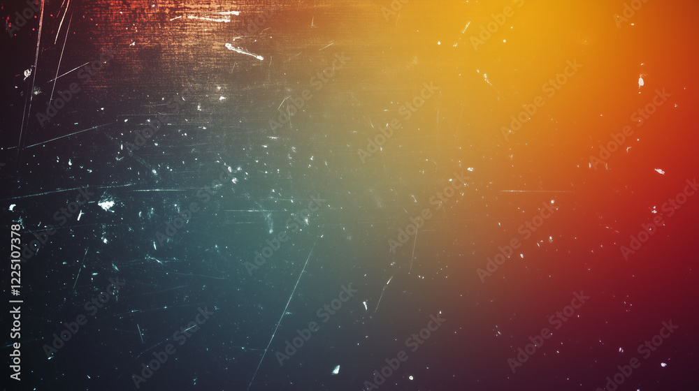 Aufkleber Retro-inspired abstract gradient background with dark blue transitioning into warm orange, featuring grainy film texture, subtle white speckles, and faint scratches for a vintage aesthetic.