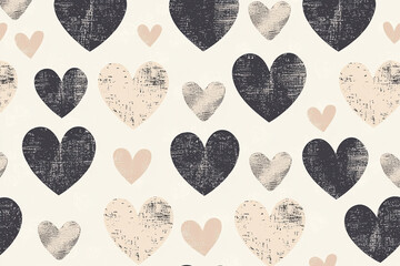 Decorative pattern featuring various heart shapes in muted colors on a light background, ideal for textiles