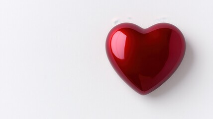A shiny red heart rests on a white surface, symbolizing love and affection in a minimalist design.