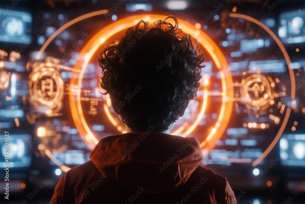 Poster a futuristic depiction of a person sitting alone in a high-tech room, their face reflected in a glow