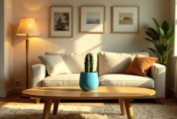 A sunlit living room scene featuring a contemporary couch, a wooden coffee table, and a small cactus in a vibrant blue pot