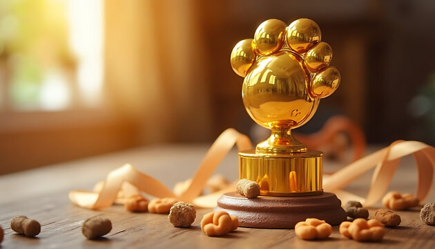 Shiny golden trophy shaped like a paw print surrounded by pet treats on a wooden surface