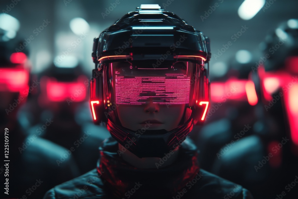 Aufkleber a futuristic scene of a holographic figure delivering an inspiring speech, surrounded by a crowd of 
