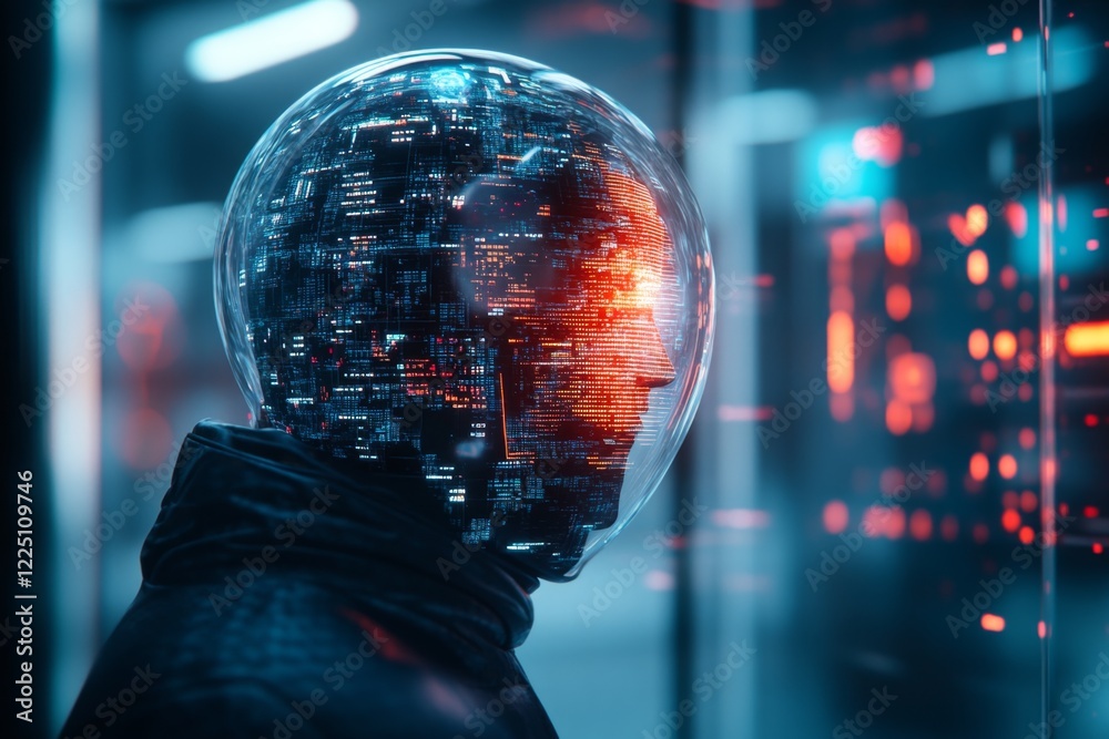 Poster a futuristic scene of a holographic figure delivering an inspiring speech, surrounded by a crowd of 