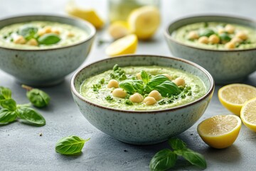 Creamy Green Soup with Chickpeas and Basil in Rustic Bowls on a Gray Surface Food Photography