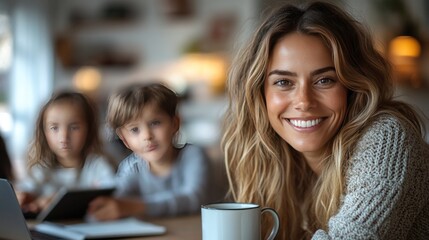Obraz premium Happy mother, kids, home office, morning, family, work