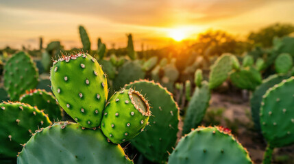A vibrant cactus landscape during sunset showcasing nature's beauty.