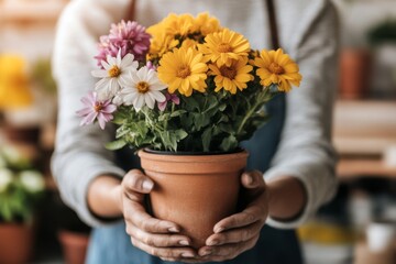 A gardener showing off their blooming flowers to neighbors, who admire the vibrant colors and healthy plants