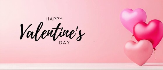 Happy Valentines Day with pink heart shaped balloons on a light pink background, romantic love concept for greeting card or banner