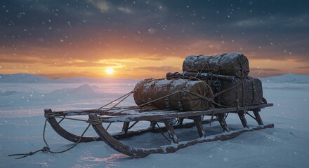 Arctic Expedition Sledge with Historical Equipment, Snow-Dusted Leather Straps, Vintage Wooden Runners, Polar Landscape Background