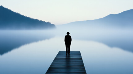 Witness Accounts and Time Passing Without Leads, A lone witness stands at the edge of a dock, gazing into the distance, captured in high fidelity with a serene atmosphere.