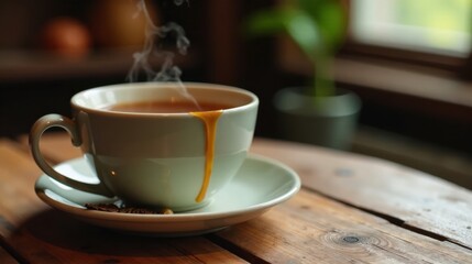 Fototapeta premium Aromatic Steam Rising from a Cup of Warm Beverage, Dripping Down the Side onto a Rustic Wooden Table