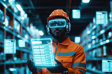 A worker in virtual reality gear navigates a modern warehouse environment.
