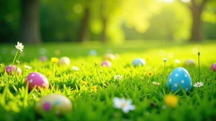 Fototapeta premium Decorative Easter eggs nestled in vibrant spring meadow grass, bathed in warm sunlight, surrounded by blooming wildflowers, creating a cheerful, festive scene.