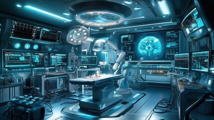 A futuristic operating room featuring robotic surgical arms performing a precise procedure, surrounded by advanced medical monitors, high-tech equipment, and soft lighting, ideal for healthcare innova