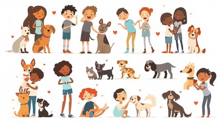 Happy Kids and Pets Cartoon Set, Love and Hug, Professional Image Usage