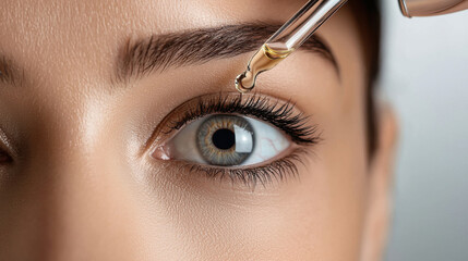Naklejka premium Close-up of a woman's eye receiving a drop of essential oil for beauty treatment.