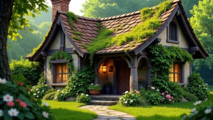 Obraz premium Enchanted Cottage Nestled Amidst Lush Greenery, Illuminated by the Warm Glow of Evening Light