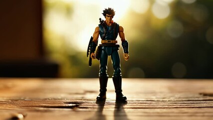 Action figure standing on wooden surface with backlight