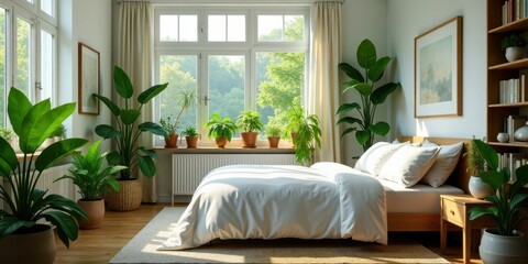 Sunlight streaming through large windows illuminates a bedroom with a comfortable bed and an abundance of lush green plants