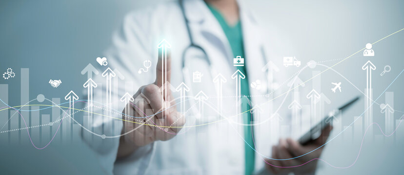 Doctor interacting with futuristic data visualization, symbolizing healthcare growth and medical industry advancement through digital innovation - Powered by Adobe