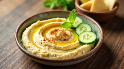 Delicious Creamy Hummus with Fresh Cucumber and Olive Oil Garnish in a Rustic Bowl