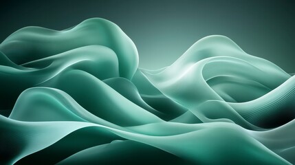 Obraz premium Abstract digital art depicting flowing, teal green waves with a subtle, patterned texture against a dark, muted background. Soft lighting creates a