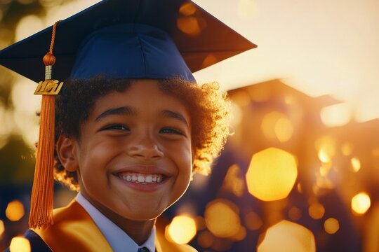 A group of students tossing graduation caps into the air, their faces glowing with joy and excitement