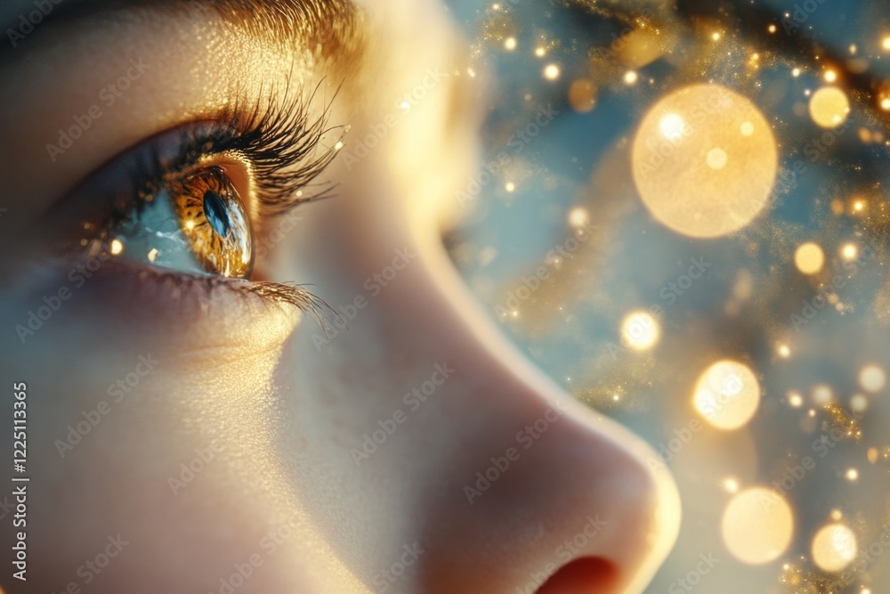 Poster a hyper-realistic close-up of a person face, their eyes sparkling with hope and their lips slightly 