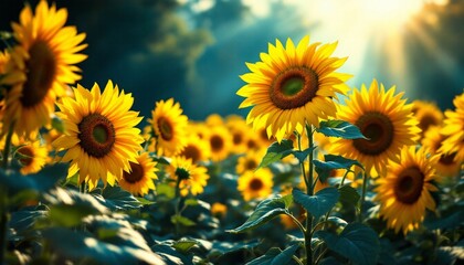 Obraz premium Vibrant Sunflower Field at Sunset Golden Hour Photography