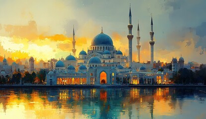 Fototapeta premium Stunning Mosque at Sunset, Reflected in Water