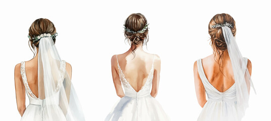 Watercolor bride with veil. Set of brides standing with their backs to each other with hairstyle and white veil in wedding dress. Beautiful bride in wedding dress watercolor.  © Narin