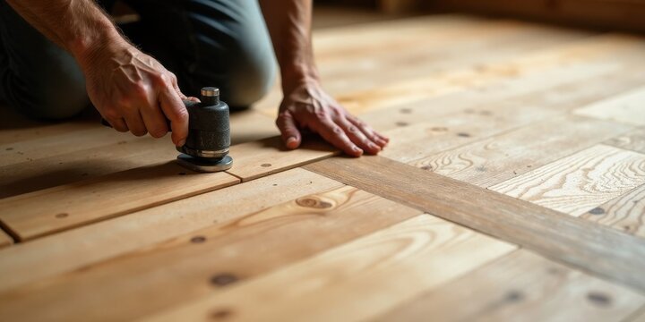 Close-up view of a craftsman carefully installing light-colored wooden floorboards using a specialized tool, demonstrating precision and expertise in home improvement